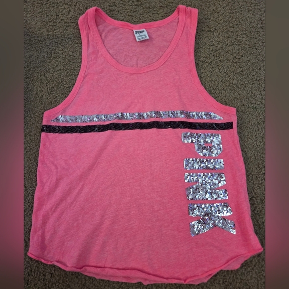 PINK Victoria's Secret Tops - PINK Victoria's Secret Bling Vintage Sequin Spellout Oversized Tank Top